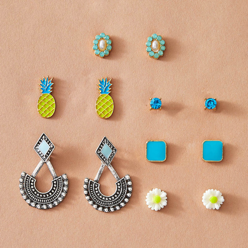 

6pairs Flower & Pineapple Shaped Earrings, Multicolor