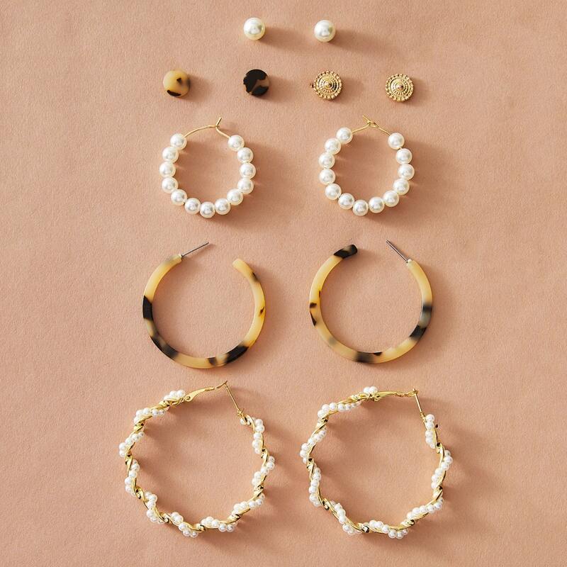 

6pairs Pearl Decor Tortoiseshell Earrings, Multicolor