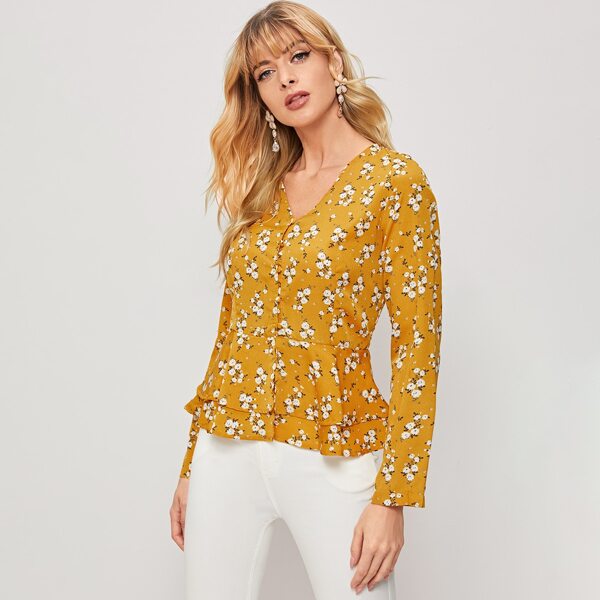 

V-neck Ditsy Floral Print Peplum Blouse, Yellow
