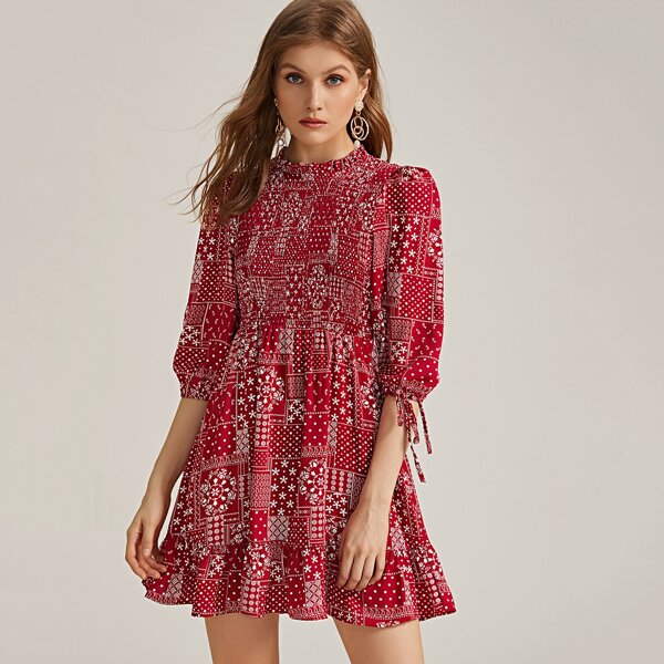 

Graphic Print Shirred Ruffle Hem Dress, Red