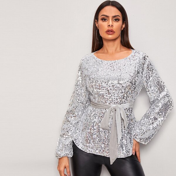 

Bishop Sleeve Belted Sequin Top, Grey