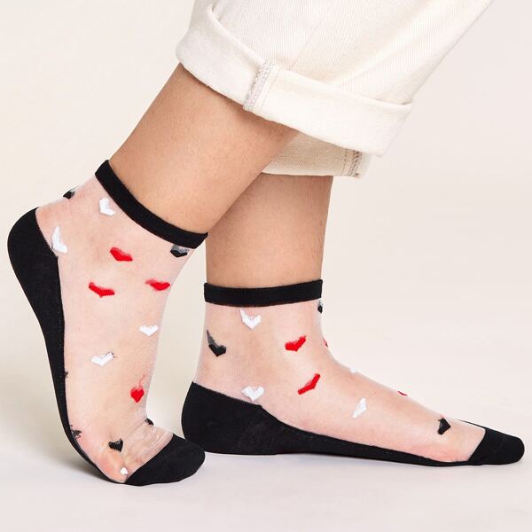 

1pair Heart Pattern Mesh Panel Socks, Multicolor