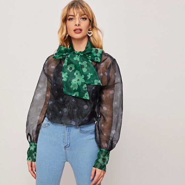 

Tie Neck Floral Print Sheer Organza Blouse, Black
