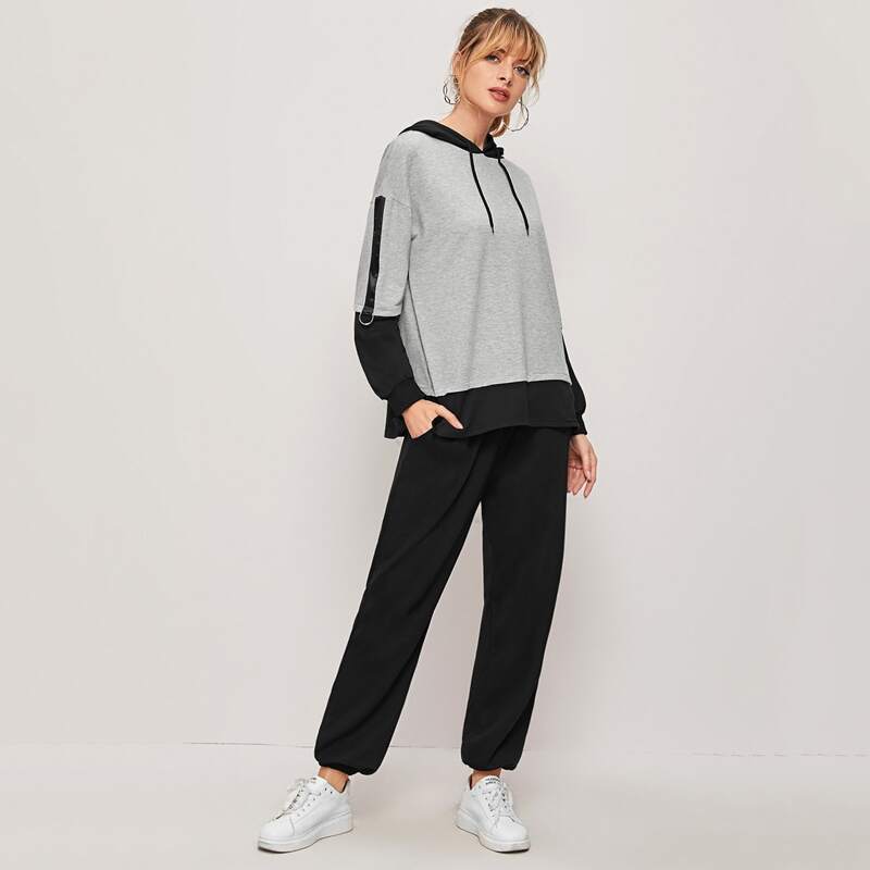 

Contrast Panel Drawstring Hoodie & Sweatpants, Multicolor