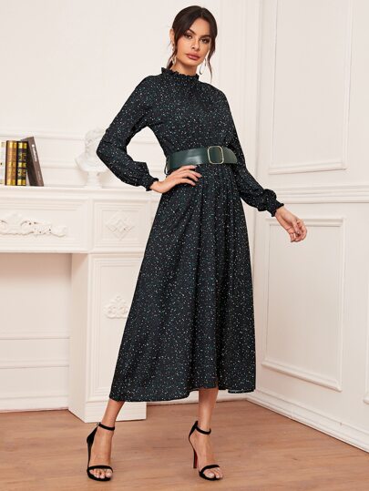 Polka Dot Print Shirred Cuff Belted Dress