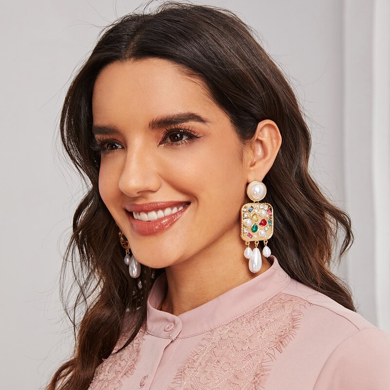 

1pair Faux Pearl & Rhinestone Decor Square Drop Earrings, Multicolor