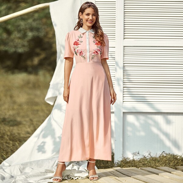 

Button Front Floral Embroidered Shirt Dress, Pink