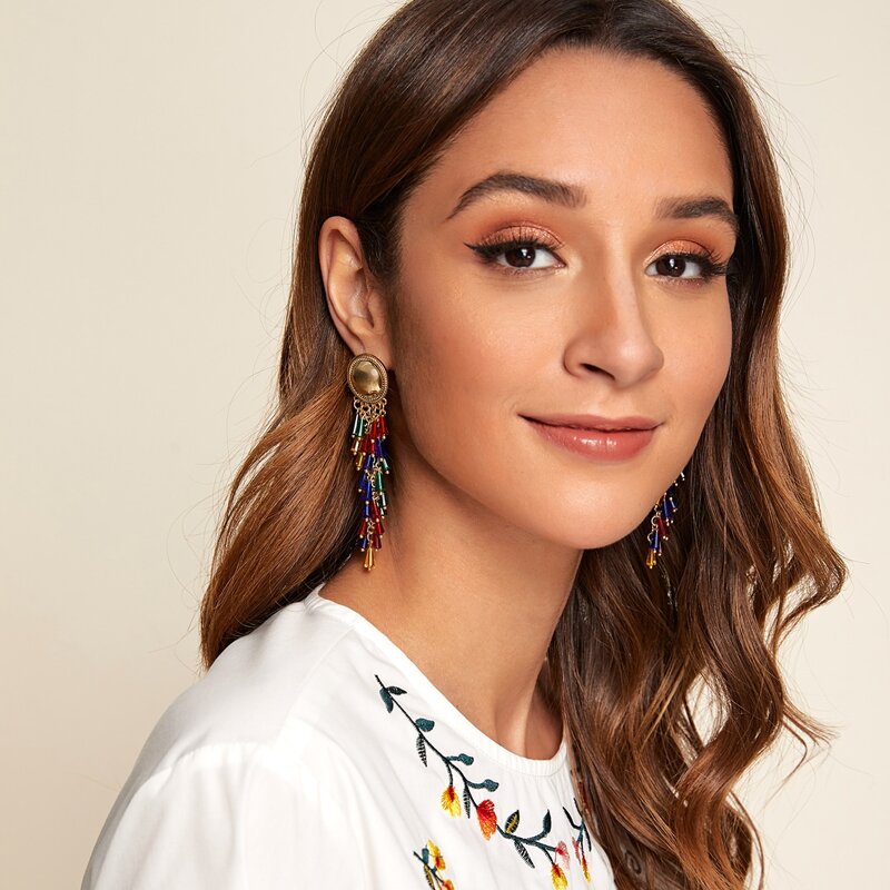 

1pair Colorful Tassel Drop Earrings, Multicolor