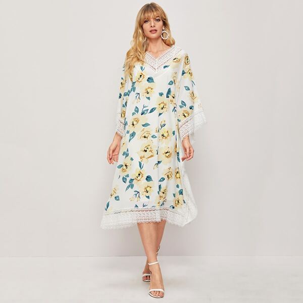 

Платье с цветочным принтом и кружевной отделкой, Белые