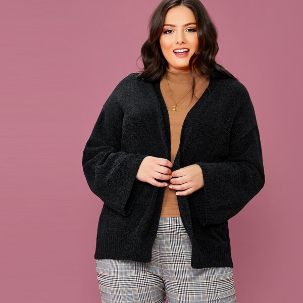 

Plus Patch Pocket Solid Cardigan, Black