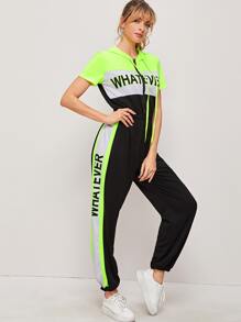 Neon Lime Letter Print Hooded Jumpsuit - Multicolor - View 1