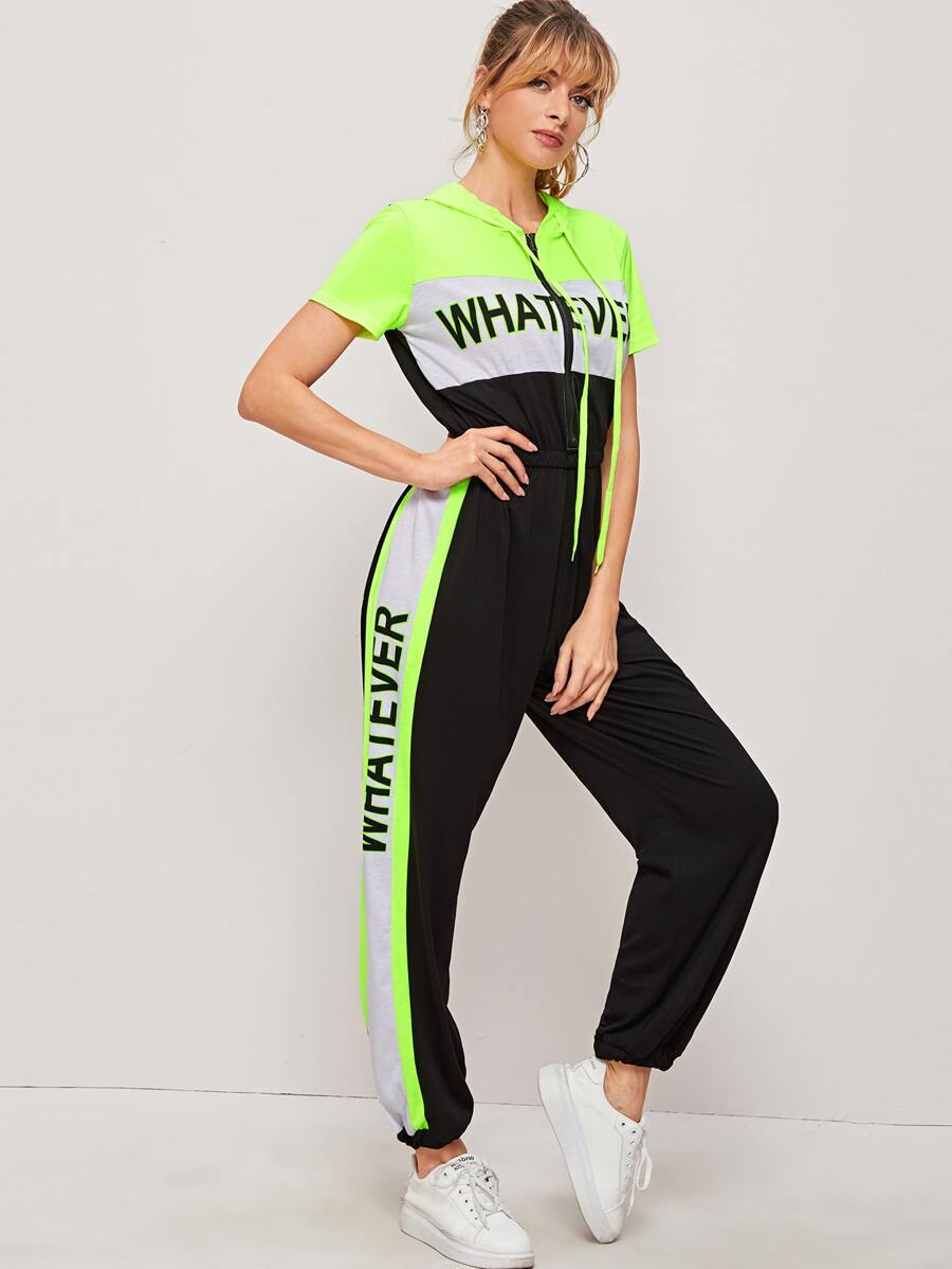 Neon Lime Letter Print Hooded Jumpsuit - Multicolor - View 1