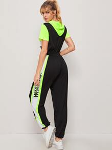 Neon Lime Letter Print Hooded Jumpsuit - Multicolor - View 2