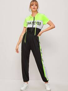 Neon Lime Letter Print Hooded Jumpsuit - Multicolor - View 3