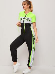 Neon Lime Letter Print Hooded Jumpsuit - Multicolor - View 4