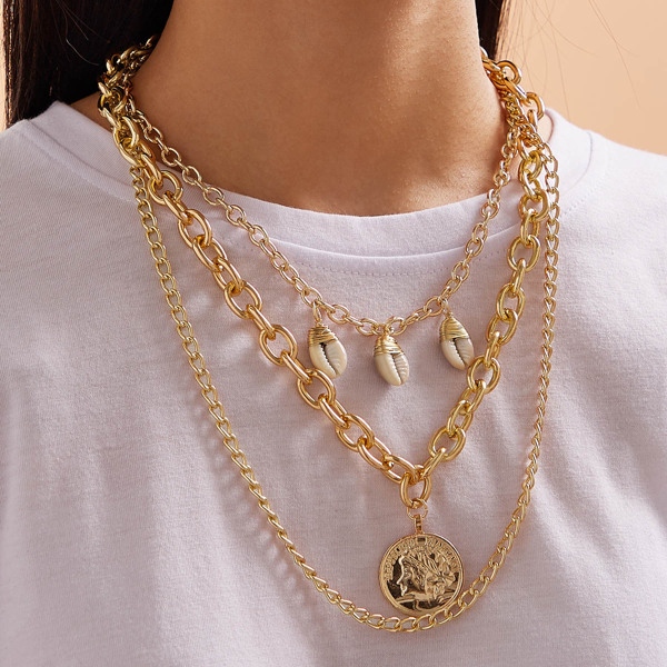 

Многослойное ожерелье с подвеской монеты и ракушки 1шт, Золотистый