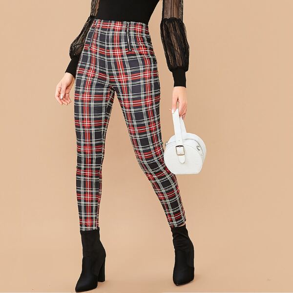 

Zipper Front Plaid Skinny Pants, Multicolor