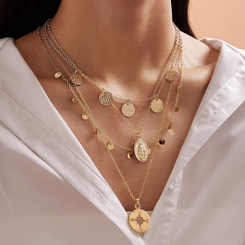 

1pc Cross & Disc Charm Layered Necklace, Gold