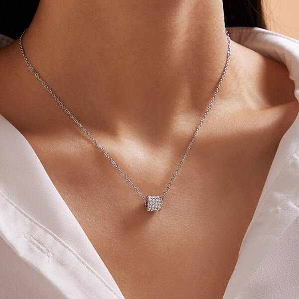 

1pc Rhinestone Engraved Ring Charm Necklace, Silver