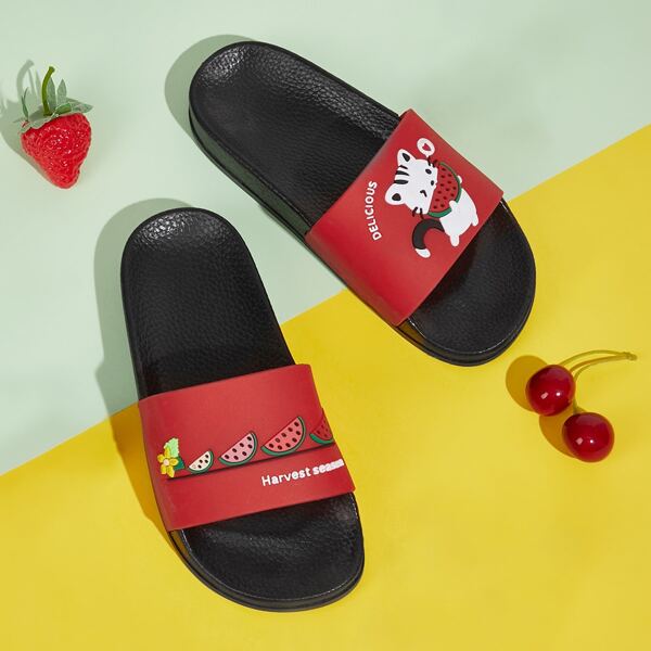 

Girls Cat & Watermelon Graphic Open Toe Sliders, Red
