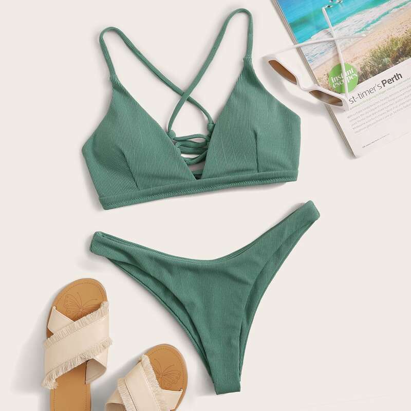 

Rib Lace Up High Cut Bikini Swimsuit, Green