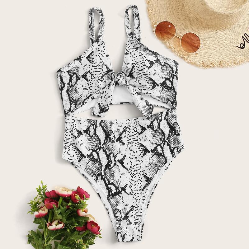 

Snakeskin Knot Front One Piece Swimsuit, Black and white