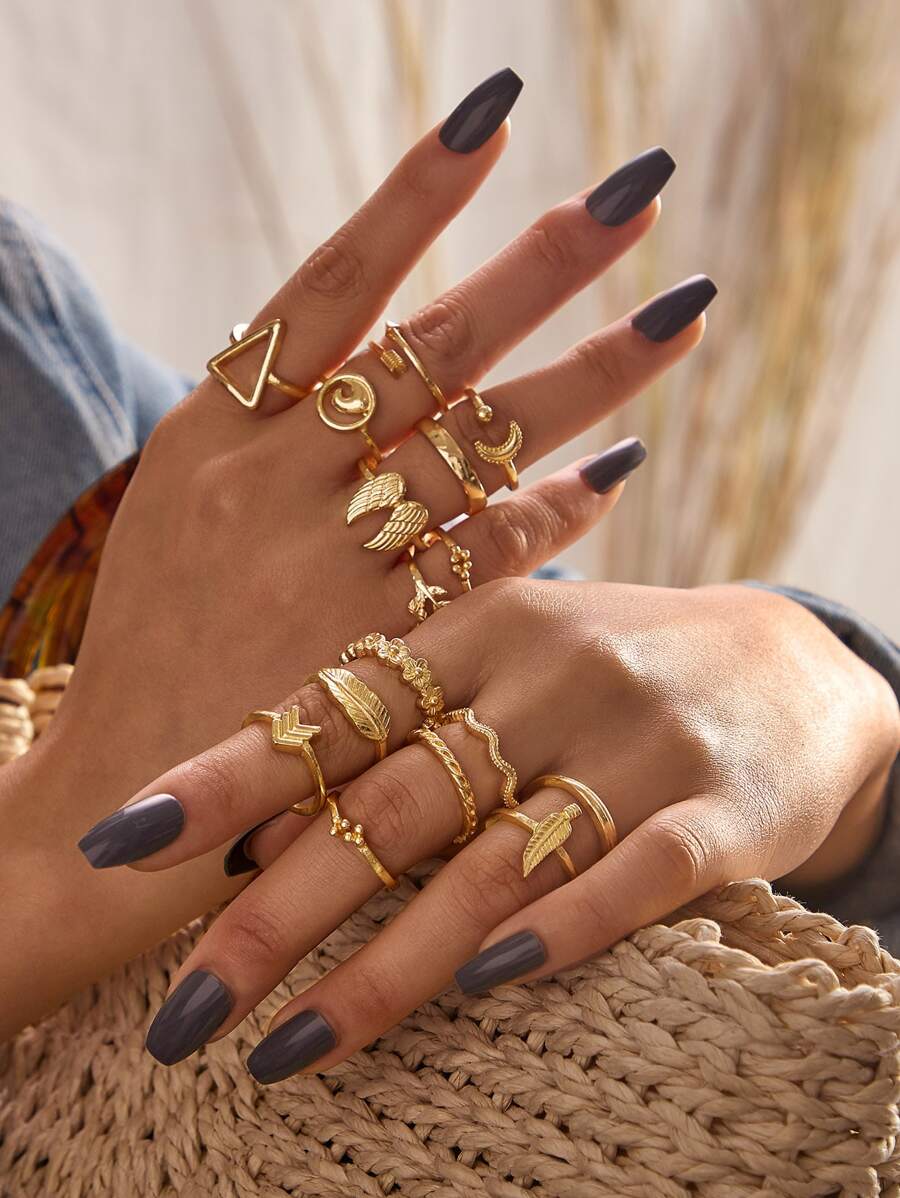 16 chiếc nhẫn hình học & lá trang trí - Vàng - Xem 1