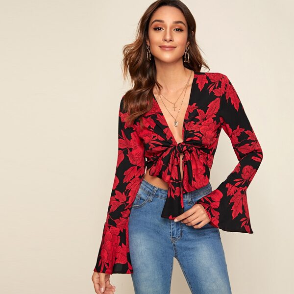 

Tie Front Bell Sleeve Botanical Print Top, Multicolor