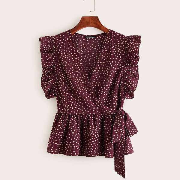 

Ruffle Armhole Wrap Tie Side Allover Print Peplum Top, Burgundy