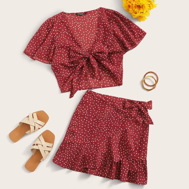 

Polka Dot Self-Tie Crop Top & Wrap Skirt Set, Burgundy