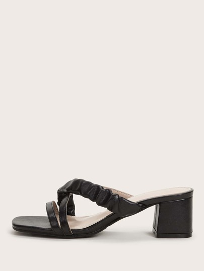 Ruched Cross Strap Open Toe Chunky Heeled Mules