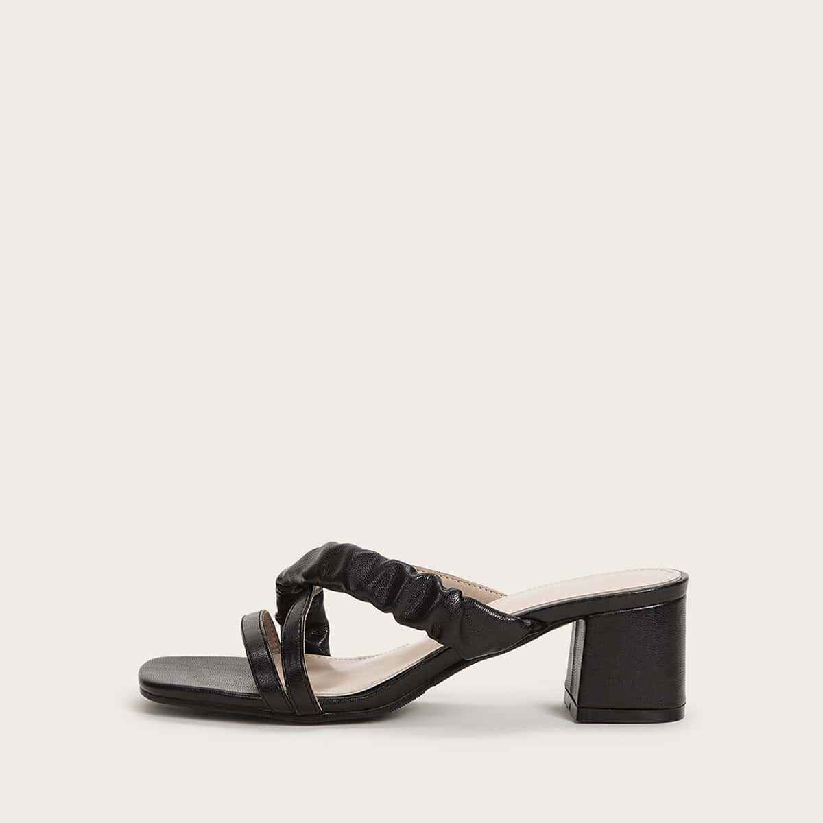 

Ruched Cross Strap Open Toe Chunky Heeled Mules, Black