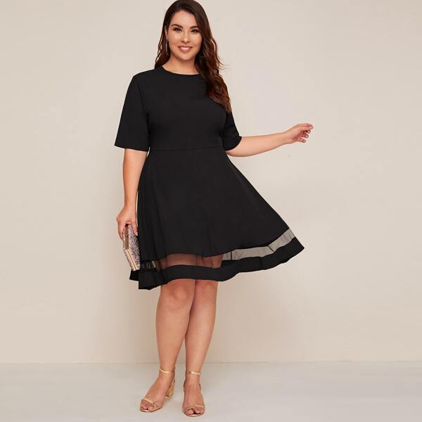 

Plus Contrast Mesh A-line Dress, Black