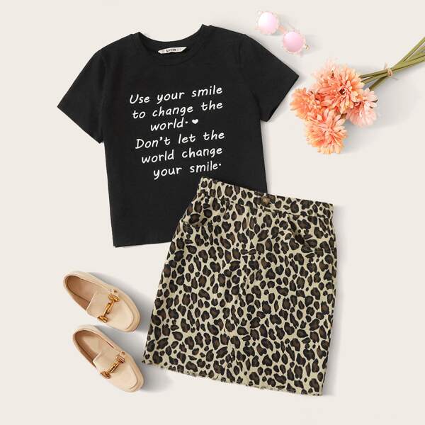 

Топ с текстовым принтом и леопардовая юбка для девочек, Многоцветный