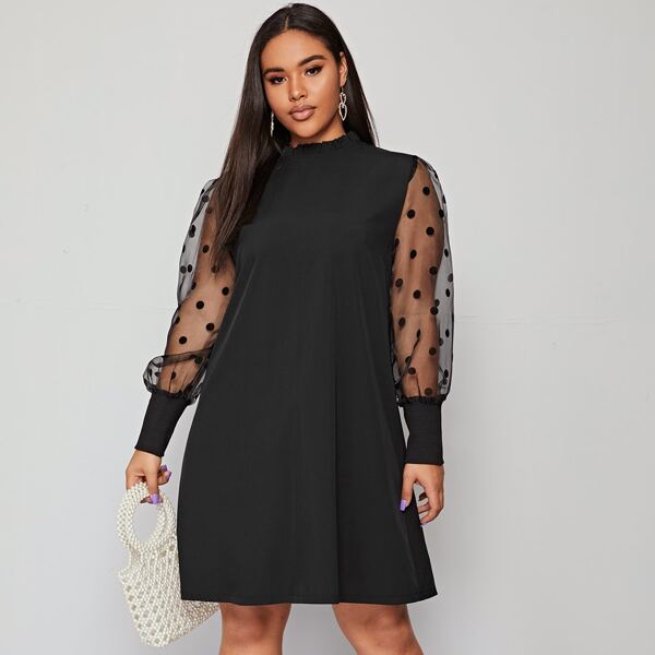 

Plus Contrast Dobby Mesh Frill Neck Dress, Black