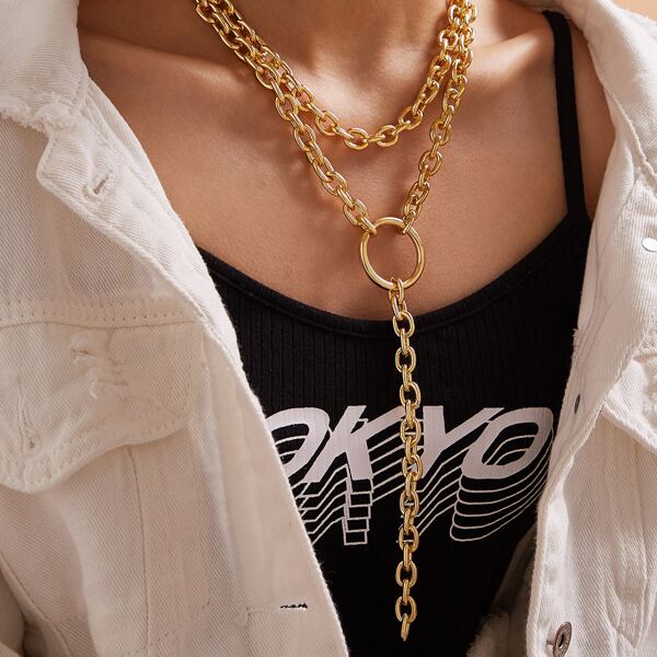 

1pc Layered Lariat Necklace, Gold