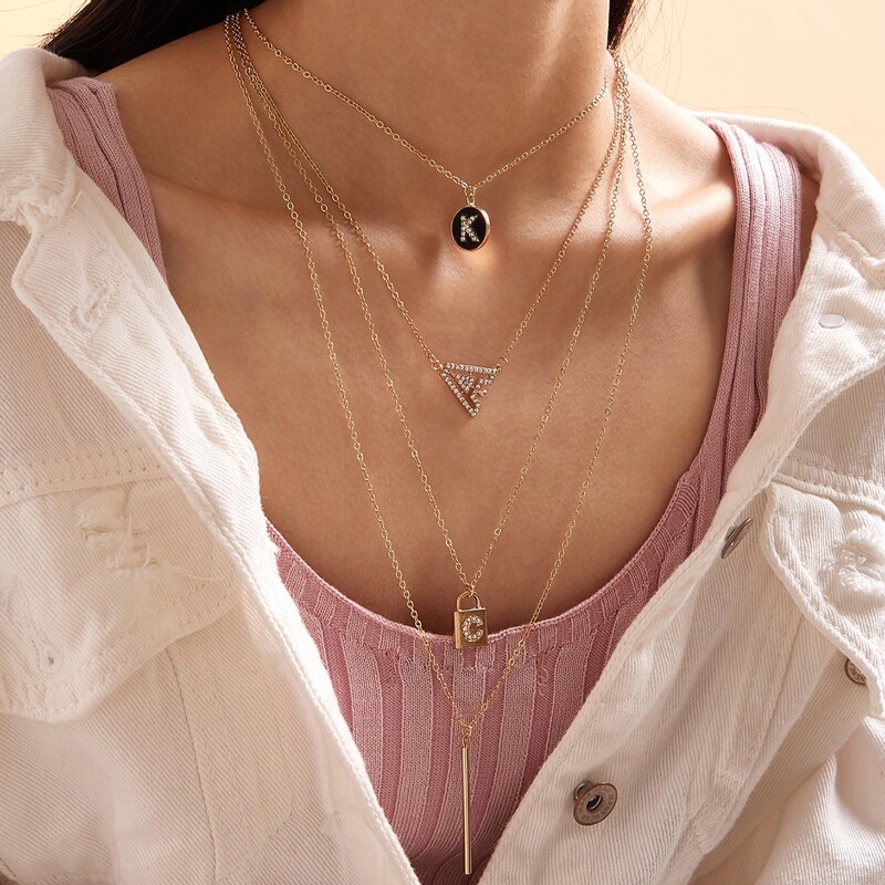 

1pc Letter & Bar Charm Layered Chain Necklace, Gold
