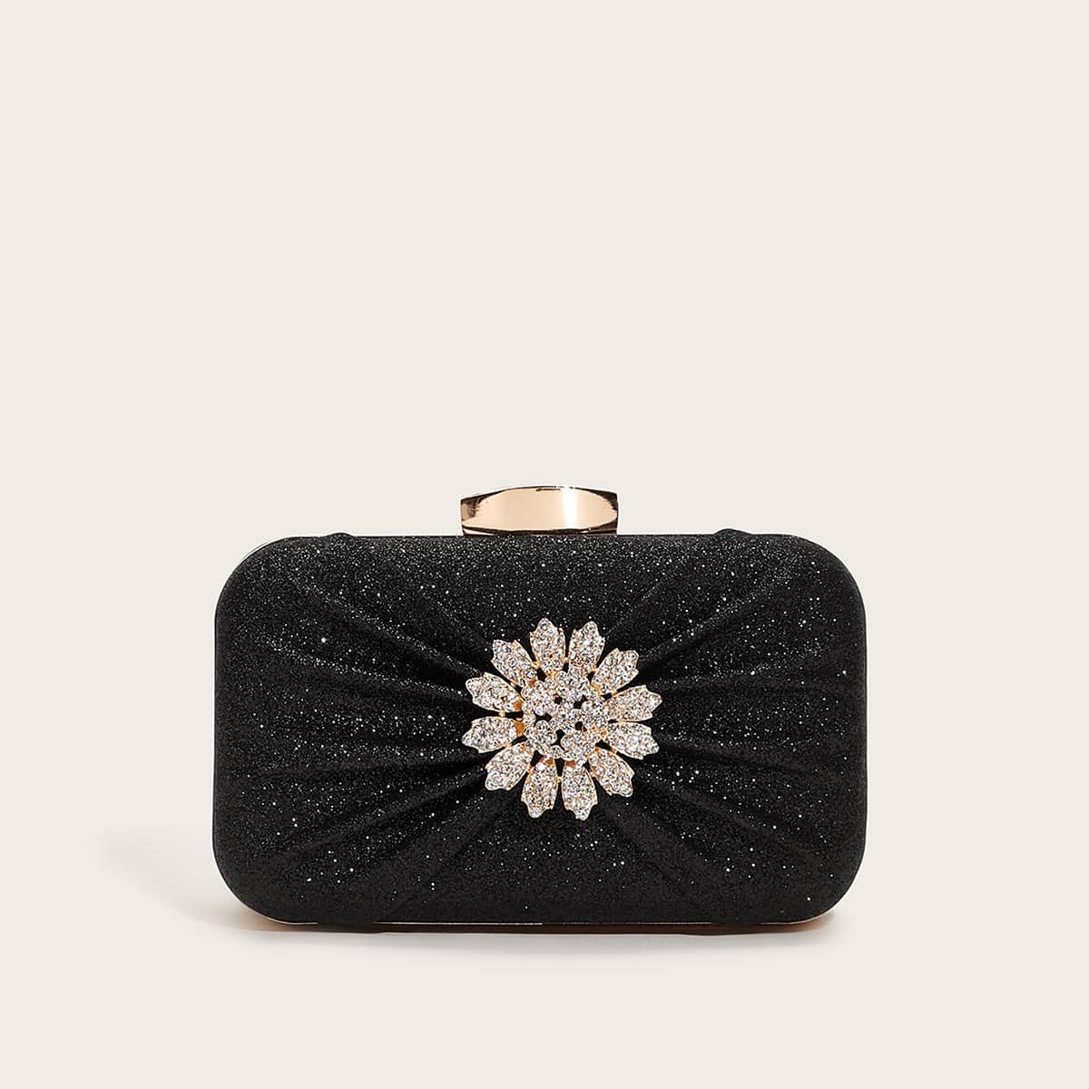 

Rhinestone Decor Glitter Clip Top Clutch Bag, Black