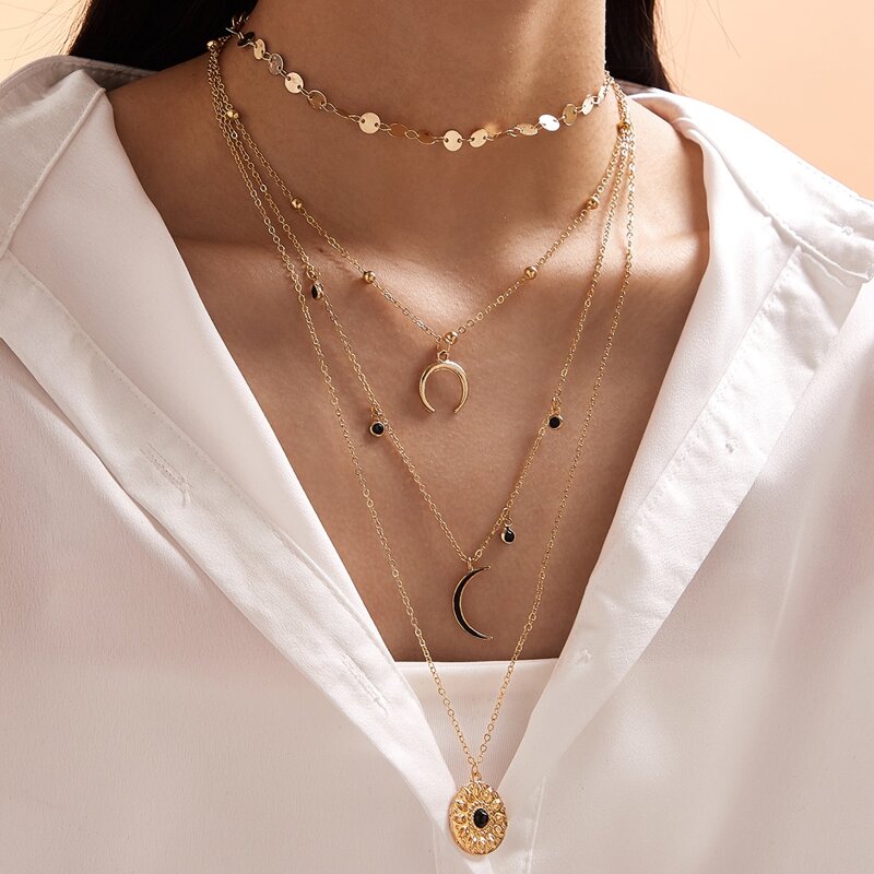 

1pc Moon & Disc Decor Layered Necklace, Gold