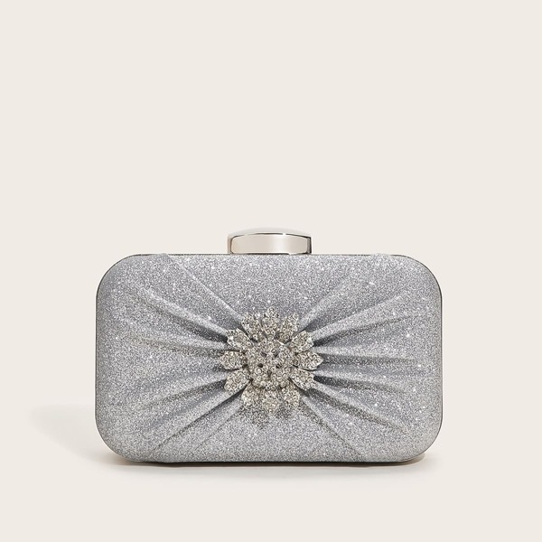 

Rhinestone Decor Glitter Clip Top Chain Clutch Bag, Silver