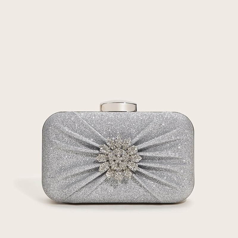 

Rhinestone Decor Glitter Clip Top Chain Clutch Bag, Silver