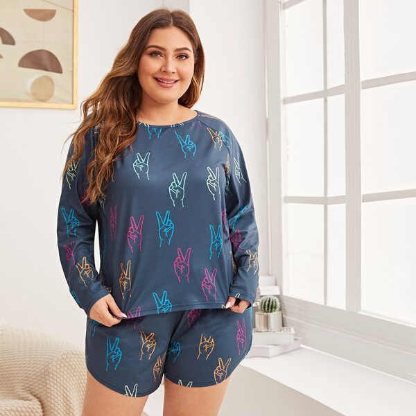 

Plus Gesture Print Tee With Shorts PJ Set, Navy blue