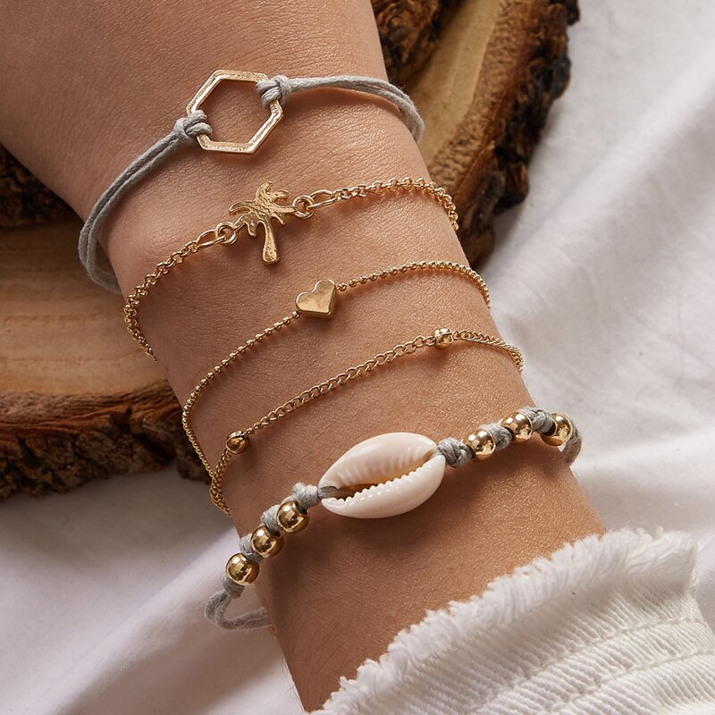 

5pcs Shell & Geometric Decor Bracelet, Multicolor