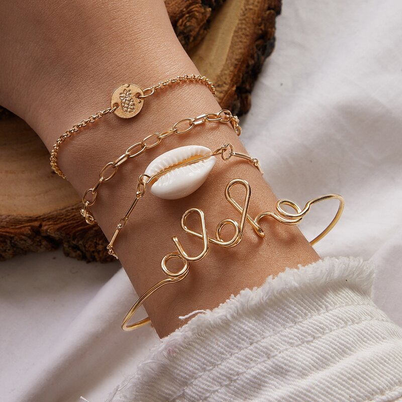 

4pcs Shell & Letter Decor Chain Bracelet, Gold