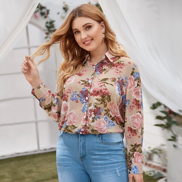

Plus Floral Print Button Through Blouse, Multicolor