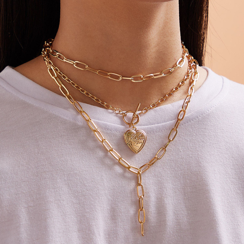 

1pc Heart Charm Layered Chain Necklace, Gold