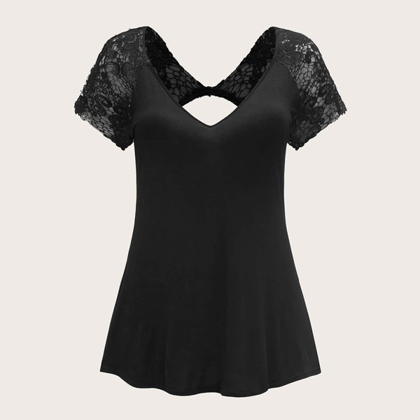 

Plus Contrast Lace V-neck Open Back Tee, Black
