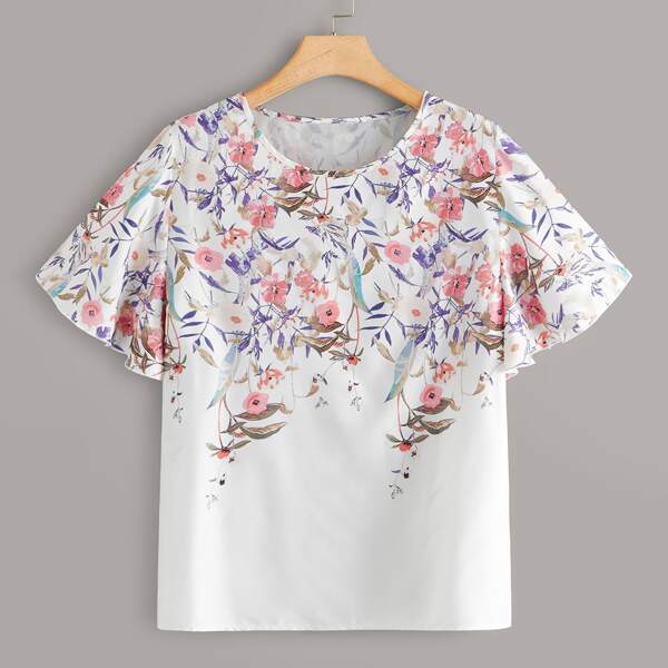 

Plus Butterfly Sleeve Floral Print Top, Multicolor