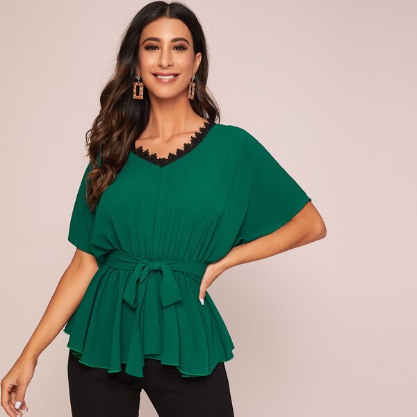 

V-neck Lace Detail Belted Peplum Blouse, Green