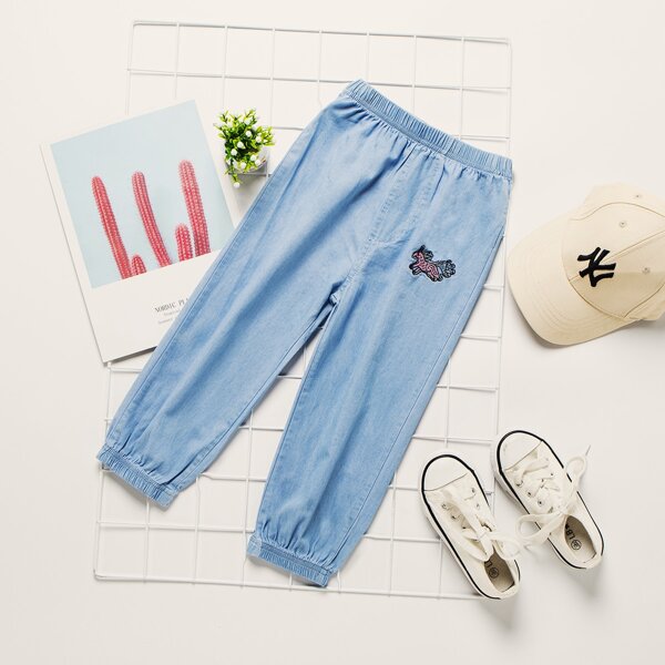 

Toddler Girls Cartoon Embroidery Imitation Cowboy Pants, Blue